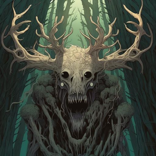 a Monster with Long arms and sharp claws, and a moose skull face, swinging from the tree branches in a dense jungle in an anime style