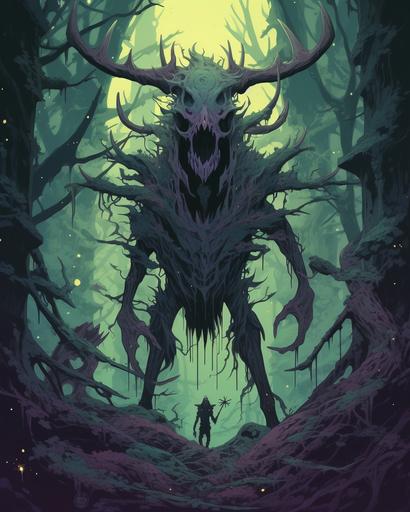 a Monster with Long arms and sharp claws, and a moose skull face, swinging from the tree branches in a dense jungle in an anime style --ar 4:5