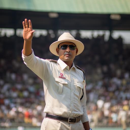 south asian cricket umpire dressed casually in white with white boater cowboy hat in cricket stadium giving out symbol