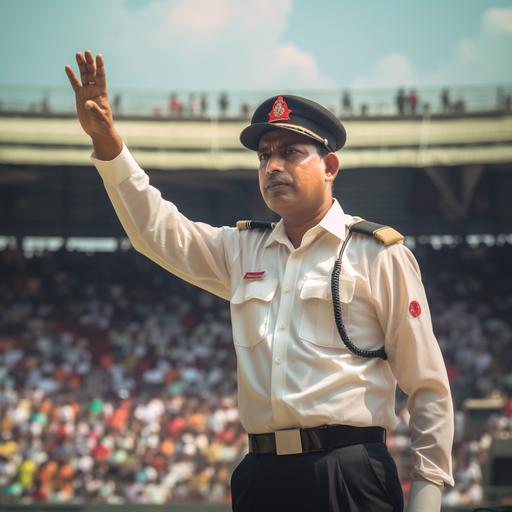 south asian cricket umpire dressed in white with white boater hat in cricket stadium giving out symbol