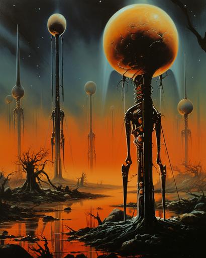 space & time chris clark art by david morissette, in the style of bruce pennington, dark orange and yellow, figurative precision, post-apocalyptic backdrops, skeletal, trompe-l'œil illusionistic detail, ralph bakshi --ar 51:64 --c 35 --s 400
