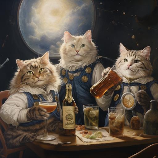 space cats in lederhosen drinking beer, cheersing, old timey art work style