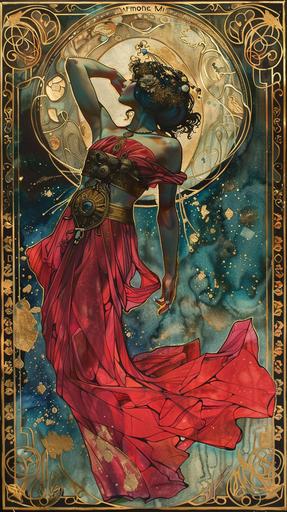 space pirate woman in flowing dress by alphonse mucha in alcohol ink with gold paint flecks, art nouveau, ornate border, celestial aesthetic, fantastic realism, dynamic lighting, --ar 9:16 --v 6.0