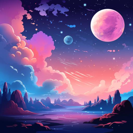 space, stars colorful, moon pink and blue, mars, colorful clouds, cartoon style, png,4k,hdr