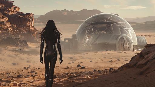 space woman in gothic black pvc spacesuit walks through barren desert landscape towards dome bubble city in the distance, noir sci-fi fantasy --ar 16:9