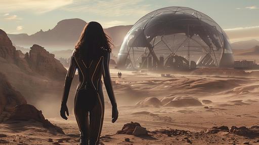 space woman in gothic black pvc spacesuit walks through barren desert landscape towards dome bubble city in the distance, noir sci-fi fantasy --ar 16:9