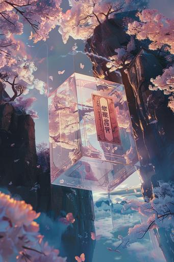 A Japanese-style tarot card is floating in a transparent box floating in the air, concept art, oil painting --ar 2:3 --v 6.0