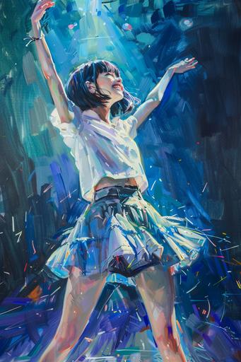 blue color short cut hair 15 years old Japanese girl dancing on stage, smile, dynamic pause, cute idle wear, colorful lighting, concept art, oil painting --ar 2:3 --v 6.0