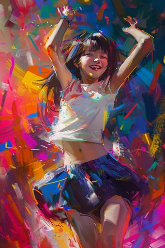 short cut hair 15 years old Japanese girl dancing on stage, smile, dynamic pause, colorful lighting, concept art, oil painting --ar 2:3 --v 6.0