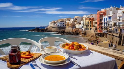 spain, restaurant, beach, outside table, paella, with out pepole, bouillabaisse soup, old town, --ar 16:9