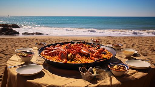 spain, restaurant, beach, outside table, paella, with out pepole, bouillabaisse, --ar 16:9