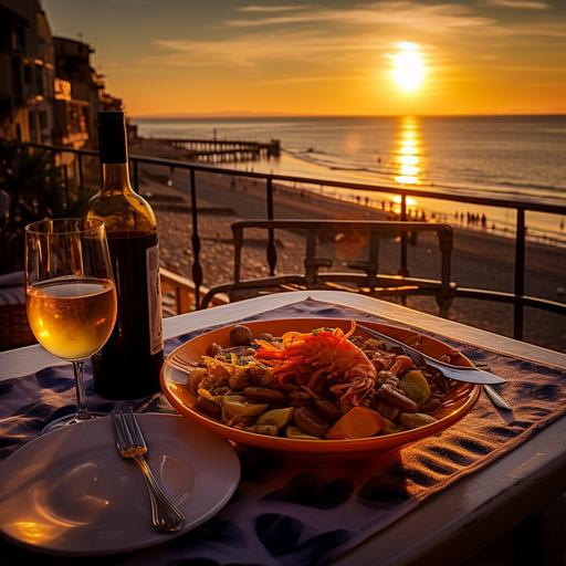 spain, restaurant, beach, outside table, paella, with out pepole, bouillabaisse soup, seafood soup, old town, sun set, wine,--ar 16:9