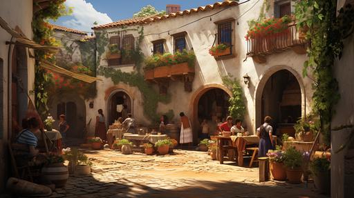 spanish courtyard house with family members doing domestic activities --ar 16:9