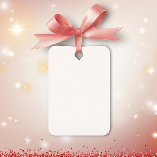 sparkle heart boken pale pink white and beige, tag mockup with christmas- red ribbon