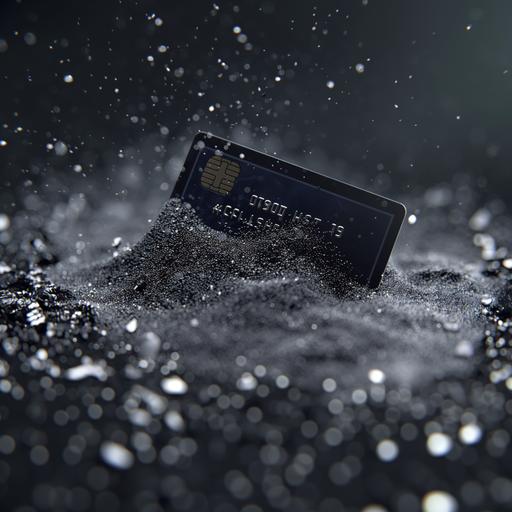 sparkling black metal powder base, with credit card placed on it, with black huge background flying shiny particles, 16:9, photorealistic 4k --v 6.0