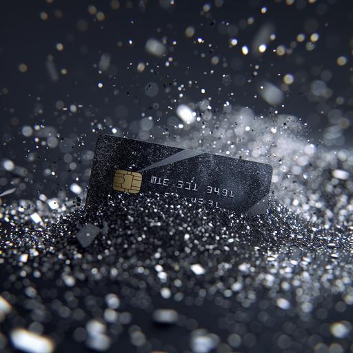 sparkling black metal powder base, with credit card placed on it, with black huge background flying shiny particles, 16:9, photorealistic 4k