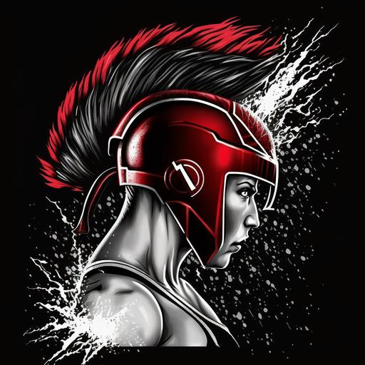 spartan woman boxing helmet logo red black white graphic lightening bolt half shaven hair texture --v 4