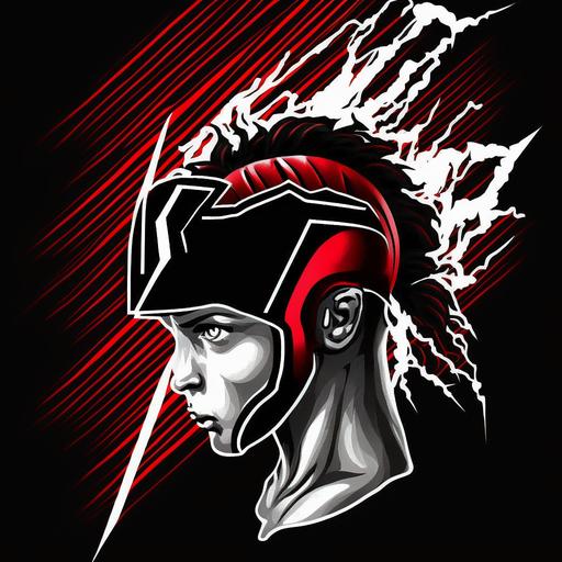 spartan woman boxing helmet logo red black white graphic lightening bolt half shaven hair texture --v 4