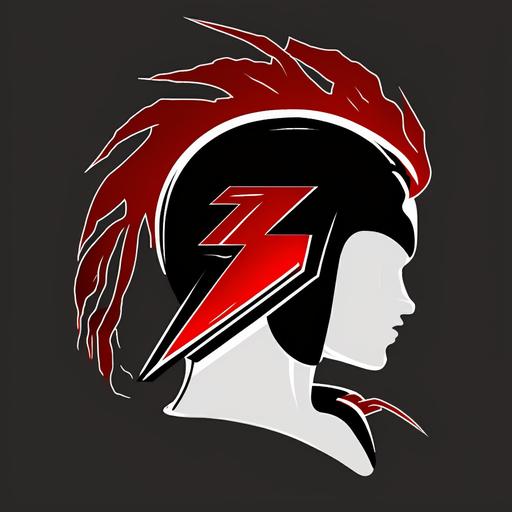 spartan woman boxing helmet logo red black white graphic lightening bolt half shaven hair texture simple lines --v 4