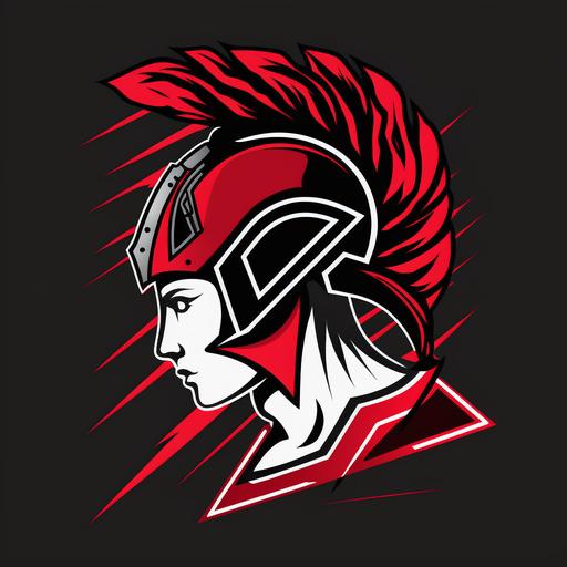 spartan woman boxing helmet logo red black white graphic lightening bolt half shaven hair texture simple lines --v 4
