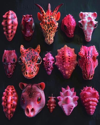 specimens assortment, weird strange beautiful bizarre exotic otherworldly red orange pink spotted striped glistening translucent gelatinous fluffy scaly Chitinous mammal megafauna mandrill moth okapi leopard alligator monkey zebra moose Safari lion leopard elephant giraffe platypus organism wildlife creature, macabre, poignant juxtaposition, dark twisted creepy unnerving astounding quirky cute ferocious fascinating incredible mind boggling speculative biology creature design, flora fauna mammal marsupial amphibian fish insect bird, predator prey dichotomy lifecycle symbiosis, organic vibrancy, nature museum display, museum aesthetic, black background --chaos 20 --ar 4:5 --stylize 80  --v 6.0