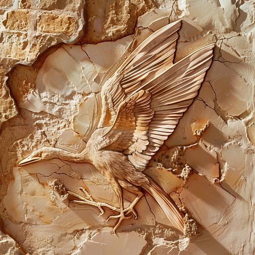 specimens of archaeopteryx made out of sandstone and copper inlayed into a tan adobe wall