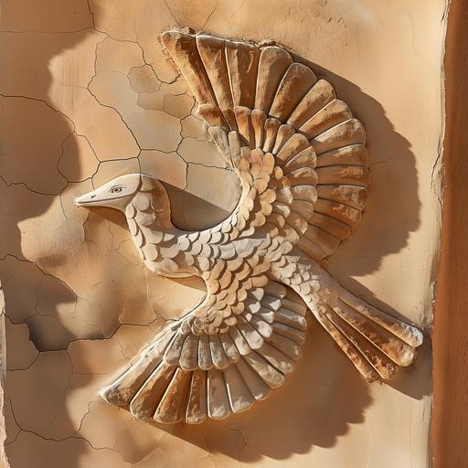 specimens of archaeopteryx made out of sandstone and copper inlayed into a tan adobe wall --v 6.0