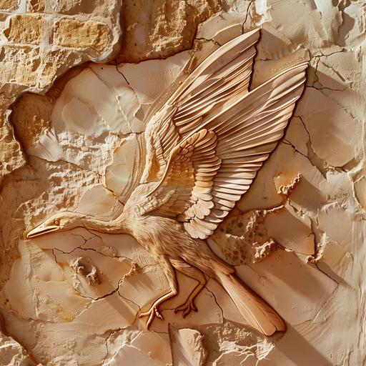 specimens of archaeopteryx made out of sandstone and copper inlayed into a tan adobe wall --v 6.0