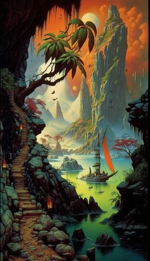spectacular idyllic amazing exotic alien world cliffside paradise fantasy village :: beautiful pond with small fishing boat :: amazing landscape, Watercolor painting, 1970s fantasy sci-fi art style, surreal, vibrant, beautiful, epic, hyperdetailed, scenic --ar 9:16 --c 69 --s 400