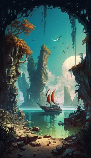 spectacular idyllic amazing exotic alien world cliffside paradise fantasy village :: beautiful pond with small fishing boat :: amazing landscape, Watercolor painting, 1970s fantasy sci-fi art style, surreal, vibrant, beautiful, epic, hyperdetailed, scenic --ar 9:16 --s 800