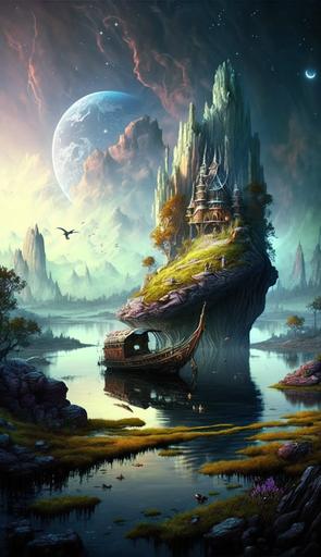 spectacular idyllic amazing exotic molten alien world cliffside paradise fantasy village :: beautiful pond with small fishing boat :: amazing landscape, Watercolor painting, 1970s fantasy sci-fi art style, surreal, vibrant, beautiful, epic, hyperdetailed, scenic --ar 9:16 --c 69 --s 400