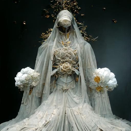 spectral virgin mary sitting on clouds, white peonies lotus roses, alexander mcqueen dress lace and detaile golden threads