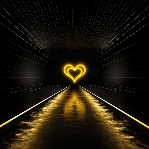 speed ligth creating a depth road from underneath, in black background, and an oled yellow neon heart in the middle ar 1:1.
