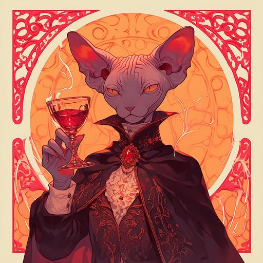 sphynx cat vampire wearing a cloak and traditional victorian wear, swirling a goblet of red liquid --niji 6