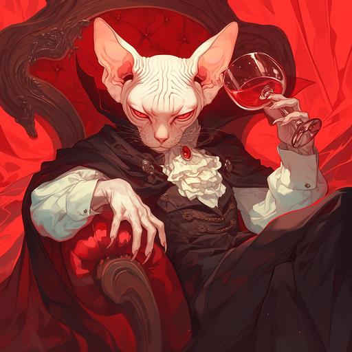 sphynx cat vampire wearing a cloak and traditional victorian wear, swirling a goblet of red liquid --niji 6