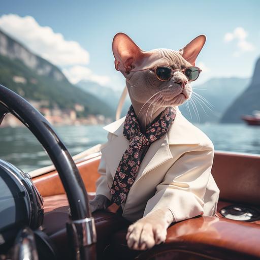sphynx cat with a captains hat driving a riva boat on lake como on a sunny day