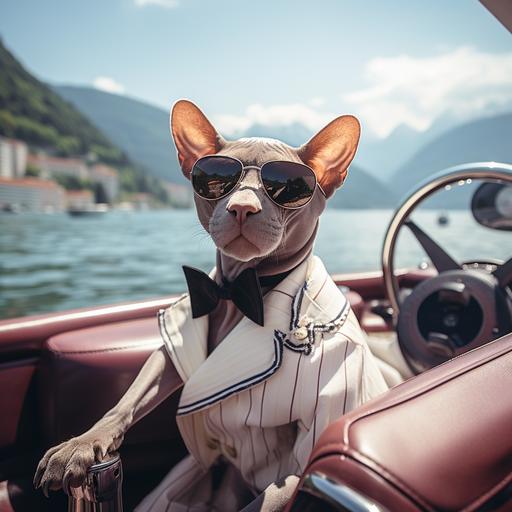 sphynx cat with a captains hat driving a riva boat on lake como on a sunny day