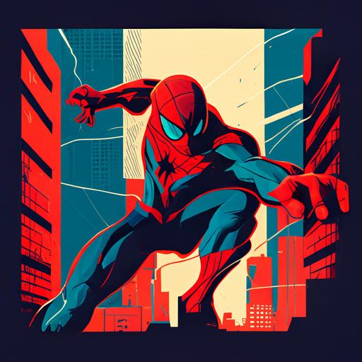 spider-man with clenched hands, clenched fist style, jumping off a building, retro, vector, flat 2d, 80s style, vivid colors, high saturation, cinematic style, high resolution, logo, blue and red color palette --q 2
