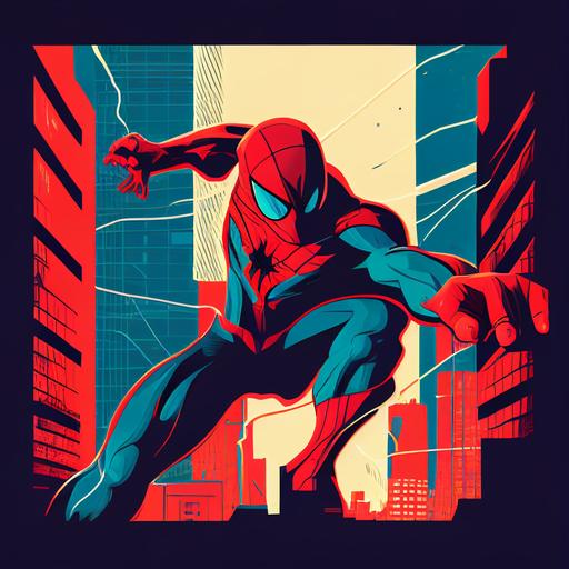 spider-man with clenched hands, clenched fist style, jumping off a building, retro, vector, flat 2d, 80s style, vivid colors, high saturation, cinematic style, high resolution, logo, blue and red color palette --q 2