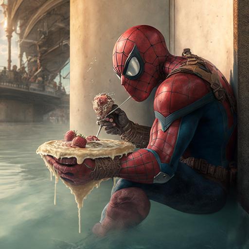 spiderman eating a ice cream in font of the sea, realistic, steampunk, HDR, 4K