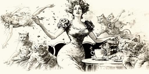 spill the tea, tea time, high-tea, falling into a hypnotic spiral, women with lots of cats, kitty cat gibson girls catjitsu 1800s chic illustration by Charles Dana Gibson watercolor vellum action packed flying roaring cats panic chaos chaotic, hitchcock --ar 2:1