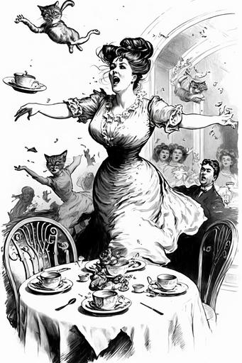 spill the tea, tea time, high-tea, falling into a hypnotic spiral, women with lots of cats, kitty cat gibson girls catjitsu 1800s chic illustration by Charles Dana Gibson watercolor vellum action packed flying roaring cats panic chaos chaotic, hitchcock --ar 2:3