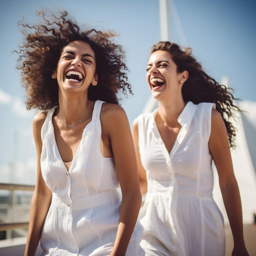 Two Brazilian models in ultra realistic photoshot style image. Image for fashion editorial. One of them wears a white jumpsuit, the other wears a white dress. They both wear summer sandals. The image is relaxed, they laugh, they are having fun. The atmosphere is daytime, late afternoon, it's summer, they are in Rio de Janeiro, with blue skies.