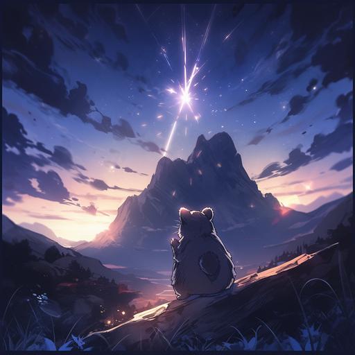 animal half rat half bear, on a mountain - it looks at the sky - in an adventurer style - the sky is starry and fluorescent - the setting is mountainous - dragon silhouette in the distance --s 750 --niji 5