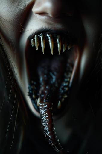 split forked tongue, she devil, tongue sticking out of screaming mouth, fangs of the Loong Dragon tooth --ar 2:3 --v 6.0