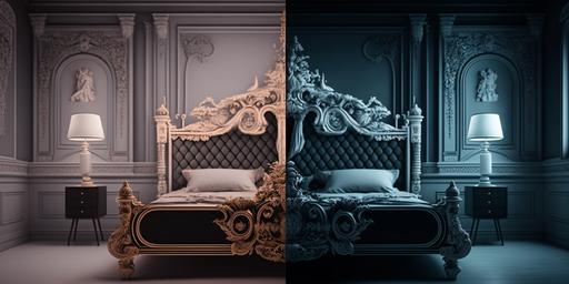 split screen :: pastel baroque bed room, black gothic bedroom, interior photograph, professional photography --ar 2:1