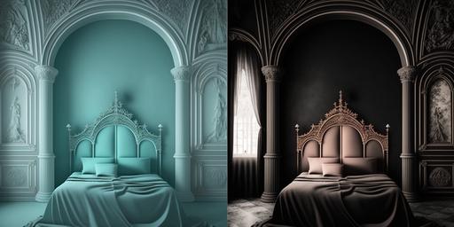 split screen, pastel baroque bed room, black gothic bedroom, interior photograph, professional photography --ar 2:1