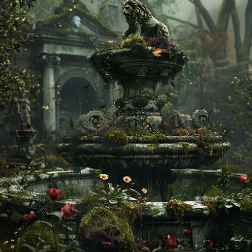 spooky garden environment with dead flowers and a moss covered fountain with a stone lion perched on top