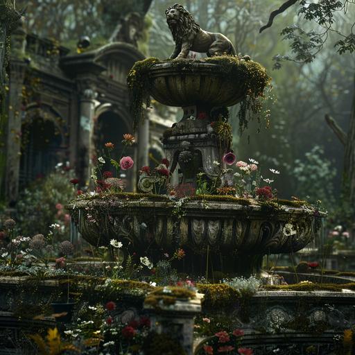 spooky garden environment with dead flowers and a moss covered fountain with a stone lion perched on top