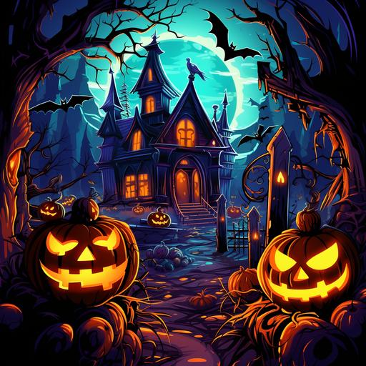 spooky halloween images with ghosts, zombies, skeletons, pumpkins, bats, gravehard background, vivid colour, thick lines